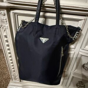 Prada Black Nylon Tote with Chain-Trim Handles